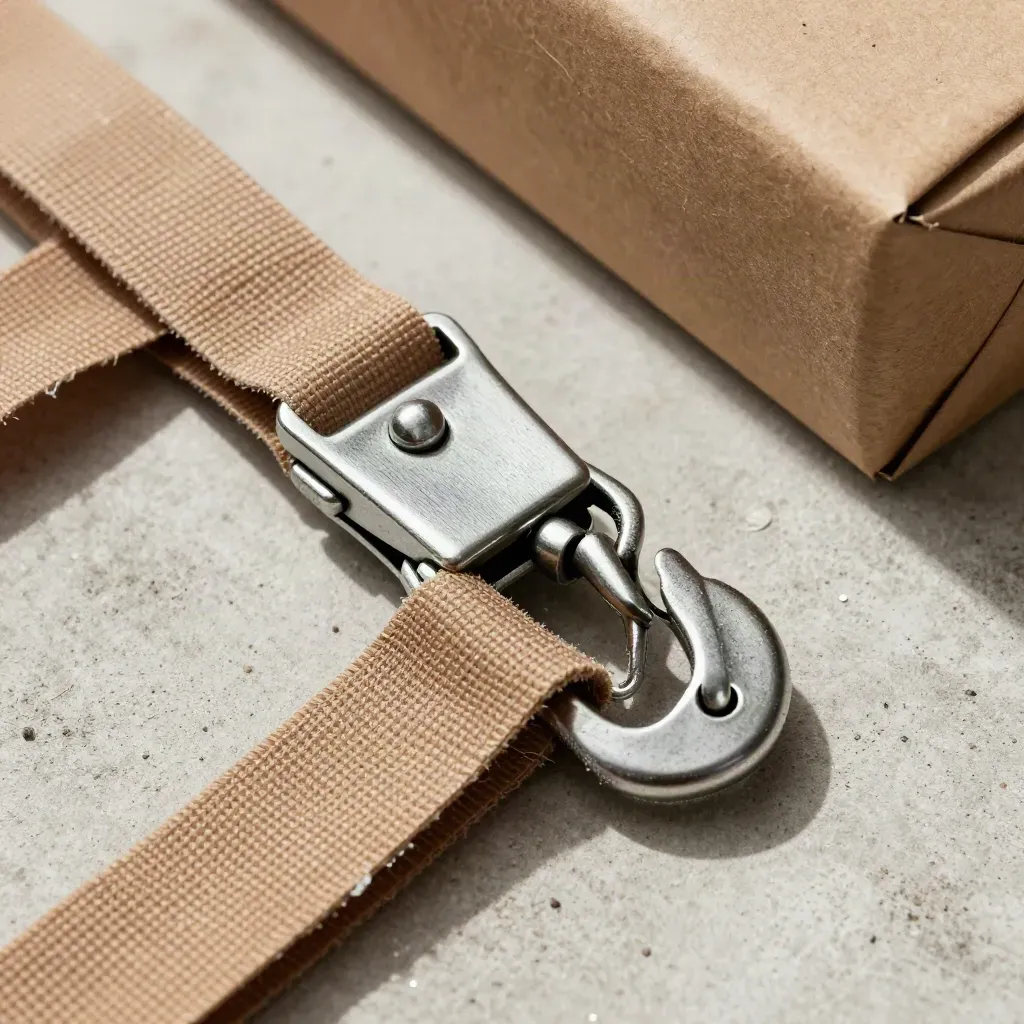 Overhead macro of cargo ratchet hardware, strap loop and crate corner on dusty pale concrete.