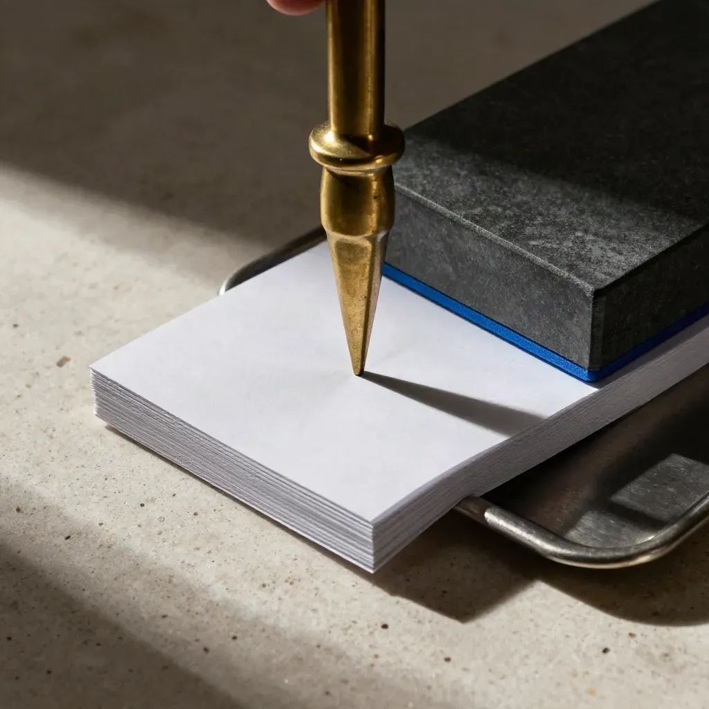 Top-down finance still life with brass spike, paperweight, and metal tray edge on pale stone.