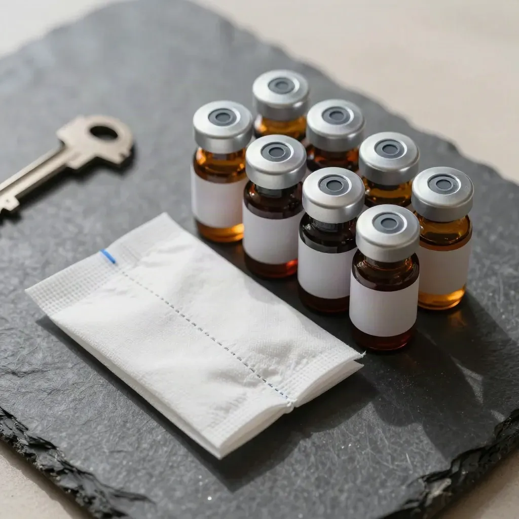 Macro still life of medicine vials, gauze, and an amber bottle on brushed stone.