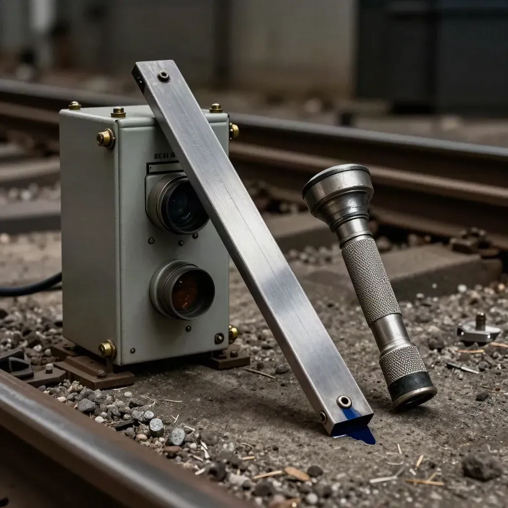 Track gauge, relay block and torch on dark concrete in dramatic workshop light.