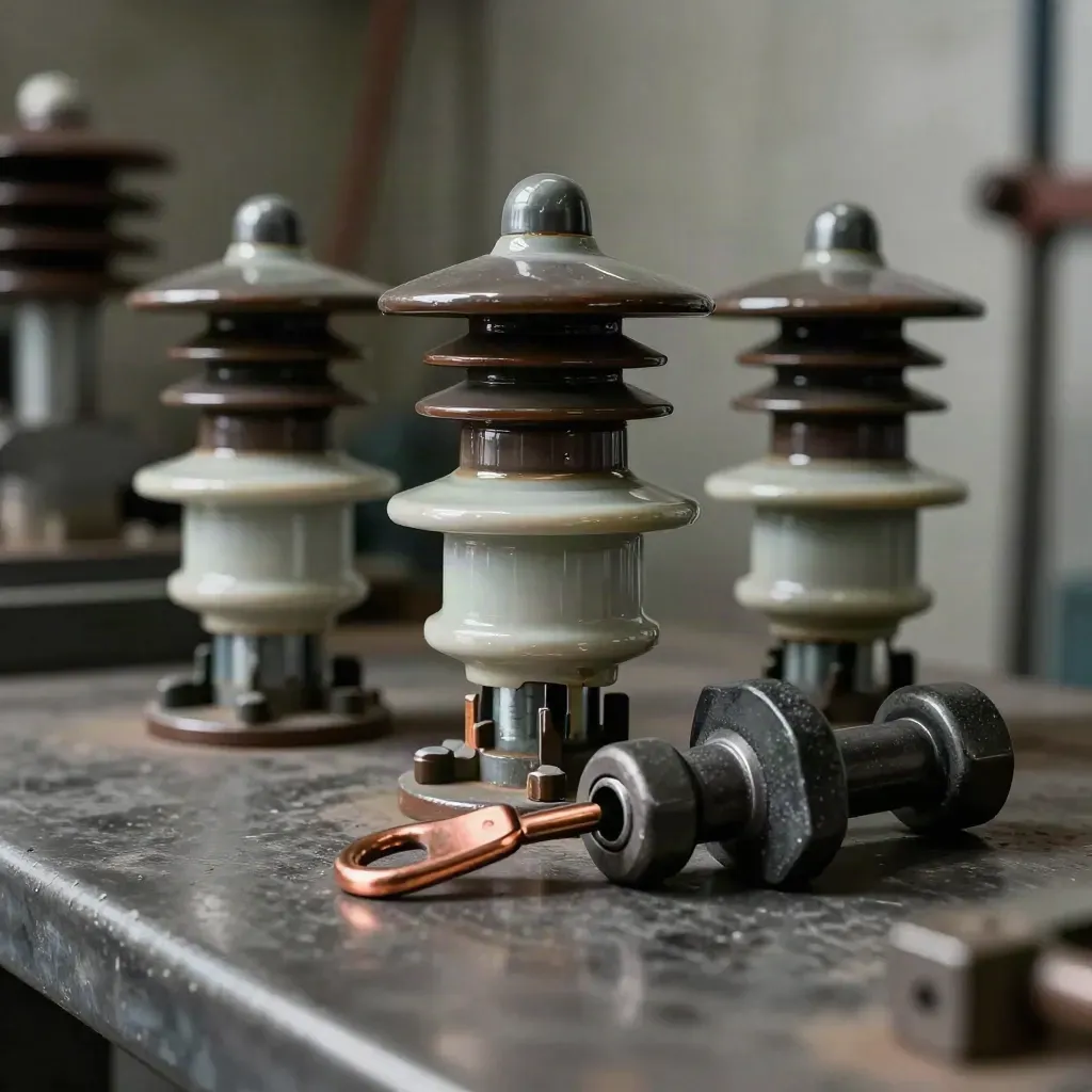 Macro still life of porcelain insulators, copper lugs, valve wheel and wrench head on brushed metal.
