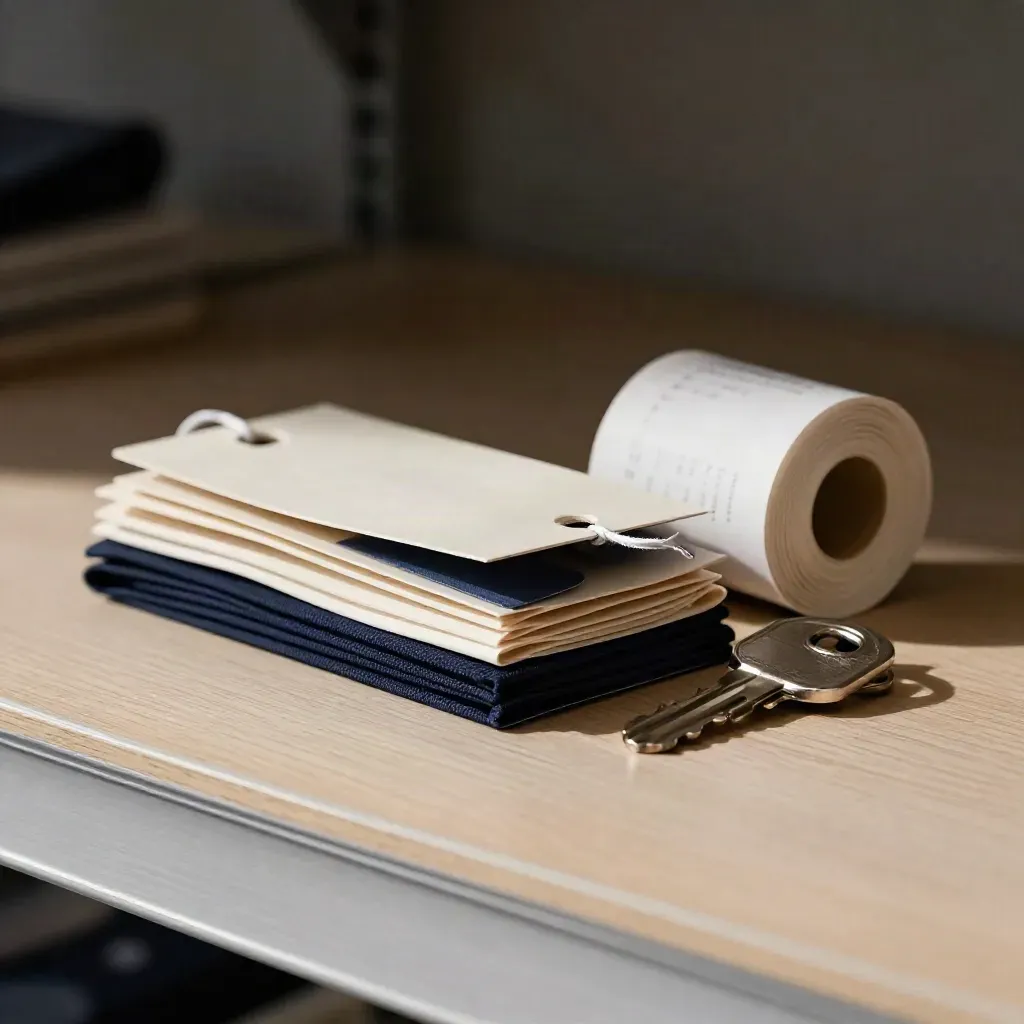 Apparel hangtags, receipt roll, security pin, and shelf clips on pale wood in dramatic light.
