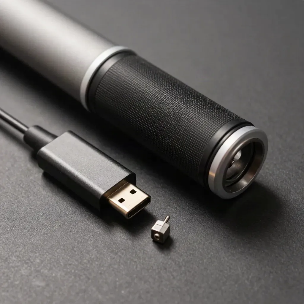 Top-down macro of a scanner feed roller, USB-C adapter block and alignment pins on graphite.
