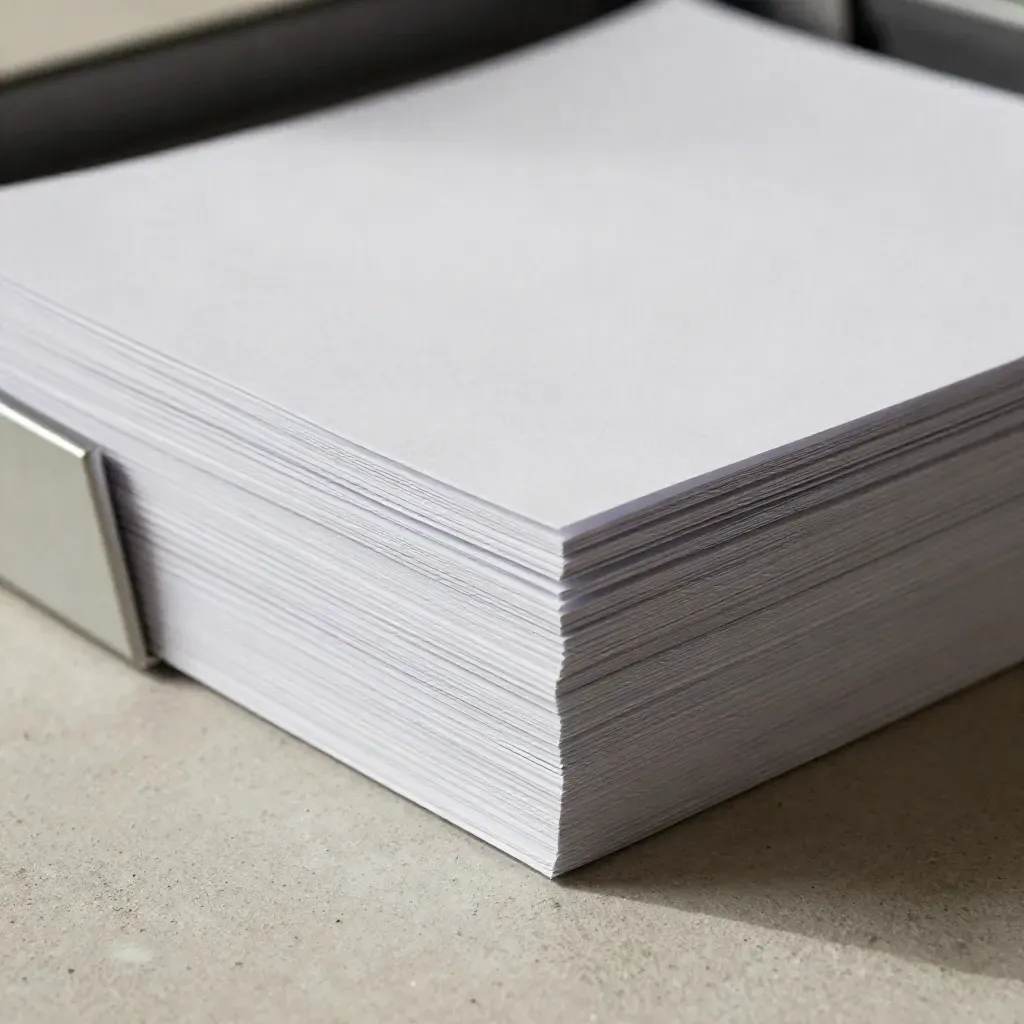 Blank paper sheets sliding into a document tray on pale concrete, seen in tight macro.