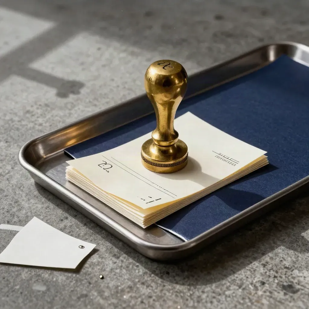 Brass date stamp, receipt spike, and tray corner on brushed stone under dramatic light.