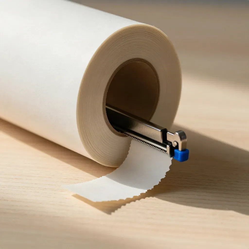 Thermal receipt roll and serrated cutter bar on pale wood, a curled strip in soft daylight.