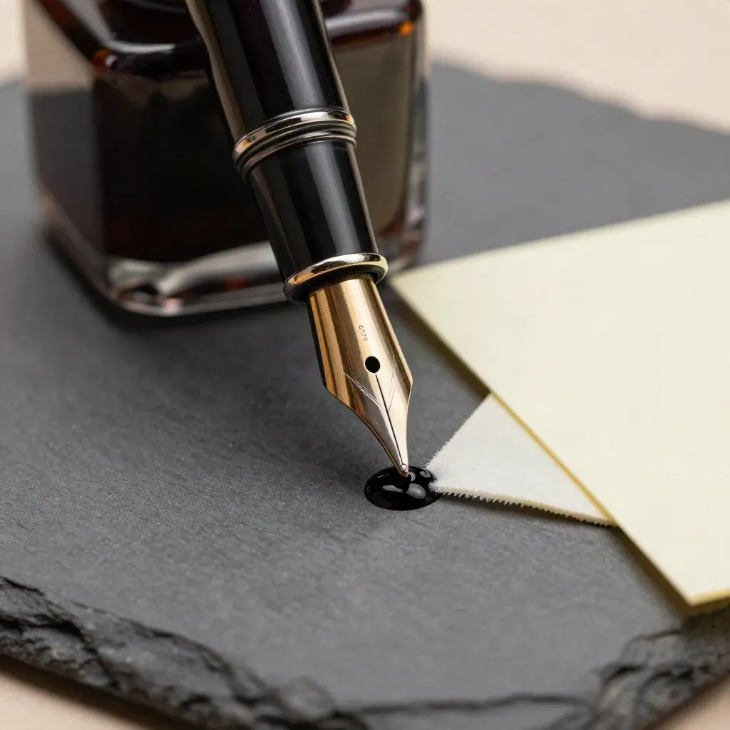 Macro still life of pen nib, ink bottle, blotter, and folded note card on stone.