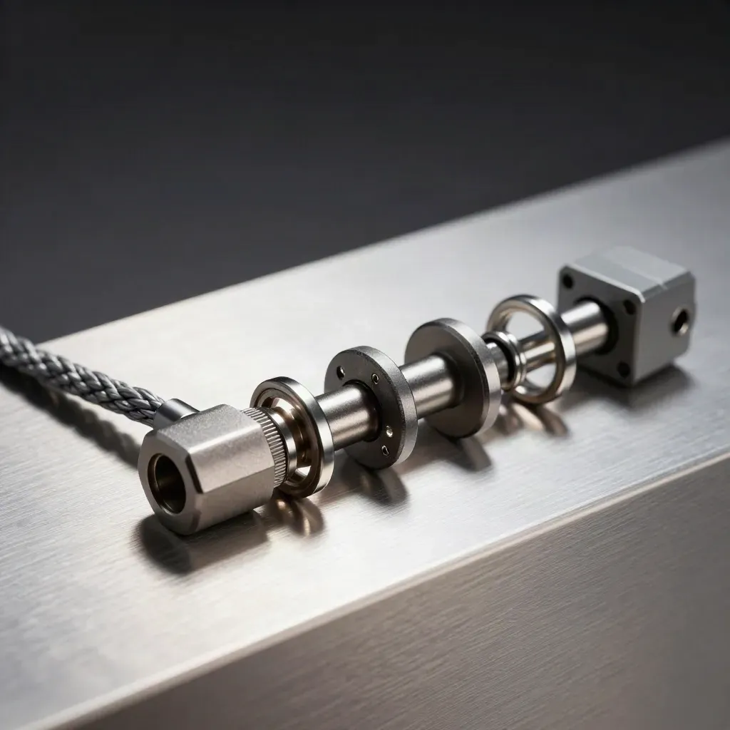 Metal cable connectors and rings linked in a straight line on brushed aluminum