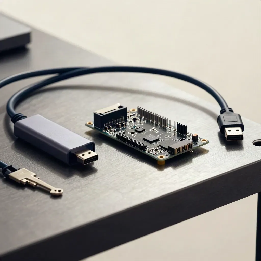 Braided ethernet cable, USB-C hub and microcontroller board on a prototyping bench, seen through blurred leads.