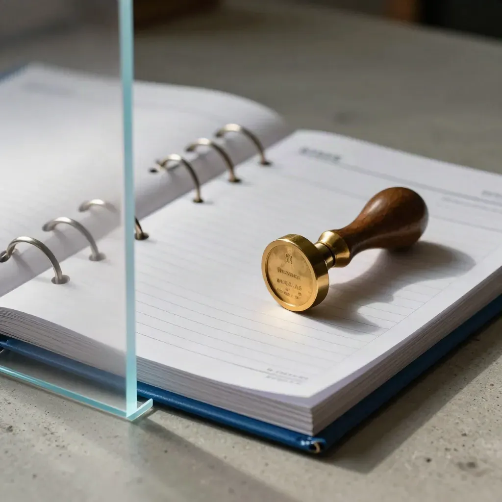 Ledger binder, brass stamp and receipt spike viewed through frosted acrylic divider.