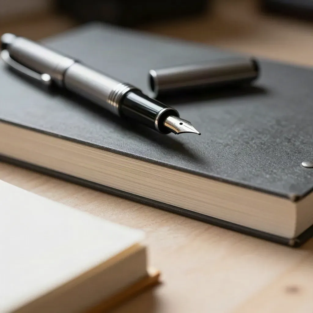 Fountain pen on a closed carbon-copy pad beside clipped papers on pale wood.