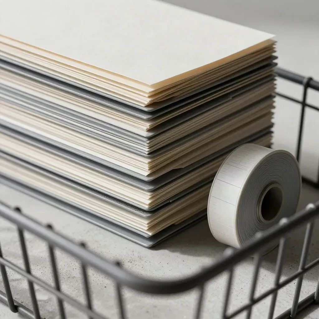 Archive trays and blank sleeves seen through a wire basket on pale concrete.