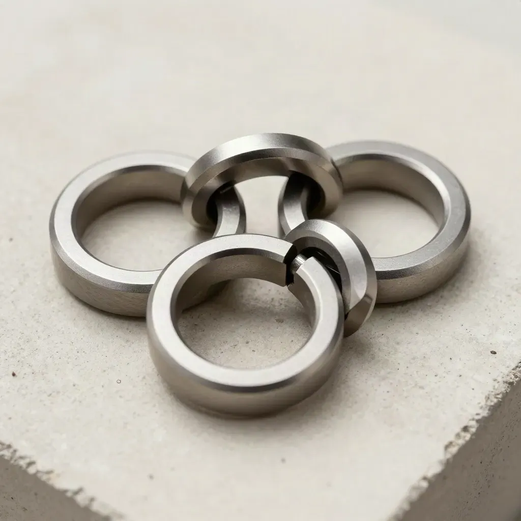 Top-down still life of machined rings, modular blocks, and a precision connector on concrete.