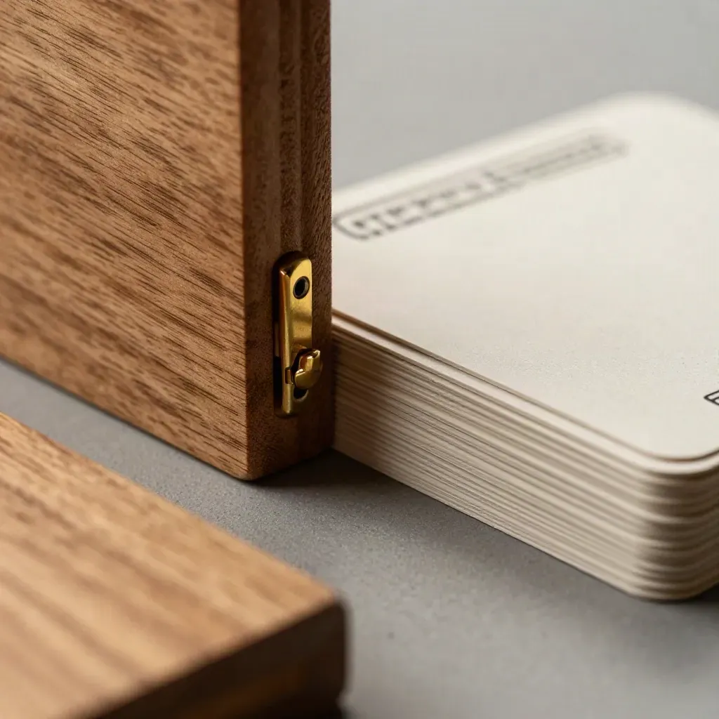 Dovetail wood blocks and a brass hinge fan blank cream cards across matte plaster.