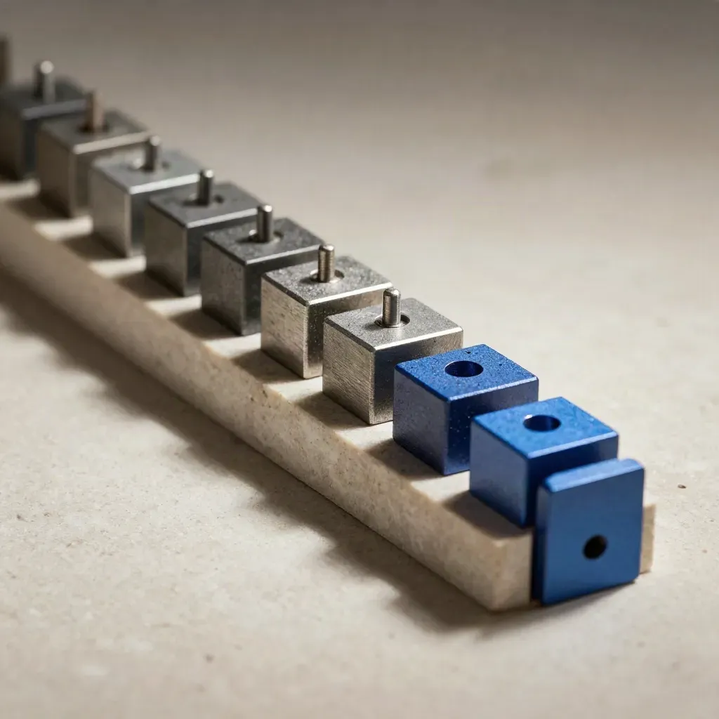 Top-down macro of modular blocks, dowel pins, and a stepped paper tray edge on pale stone.