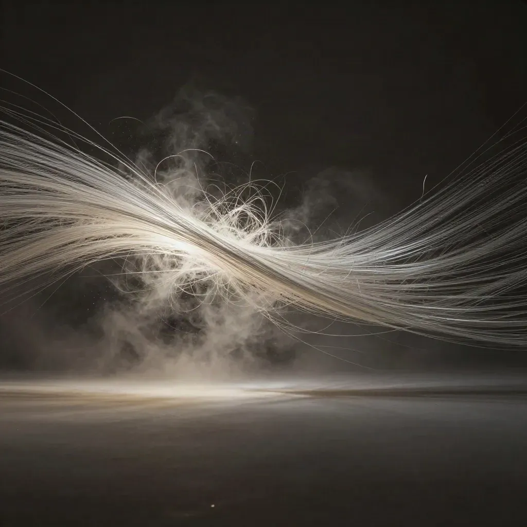 Silver filaments converge to a soft white bloom in graphite haze, with calm copy space below.